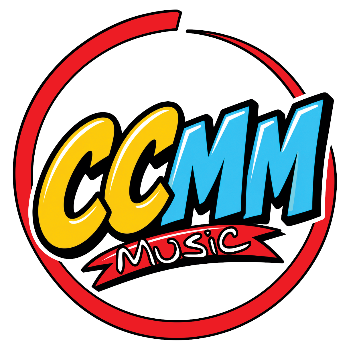 Logotipo circular con letras “CGM” en amarillo y azul, borde rojo y texto “MUSIC” abajo.